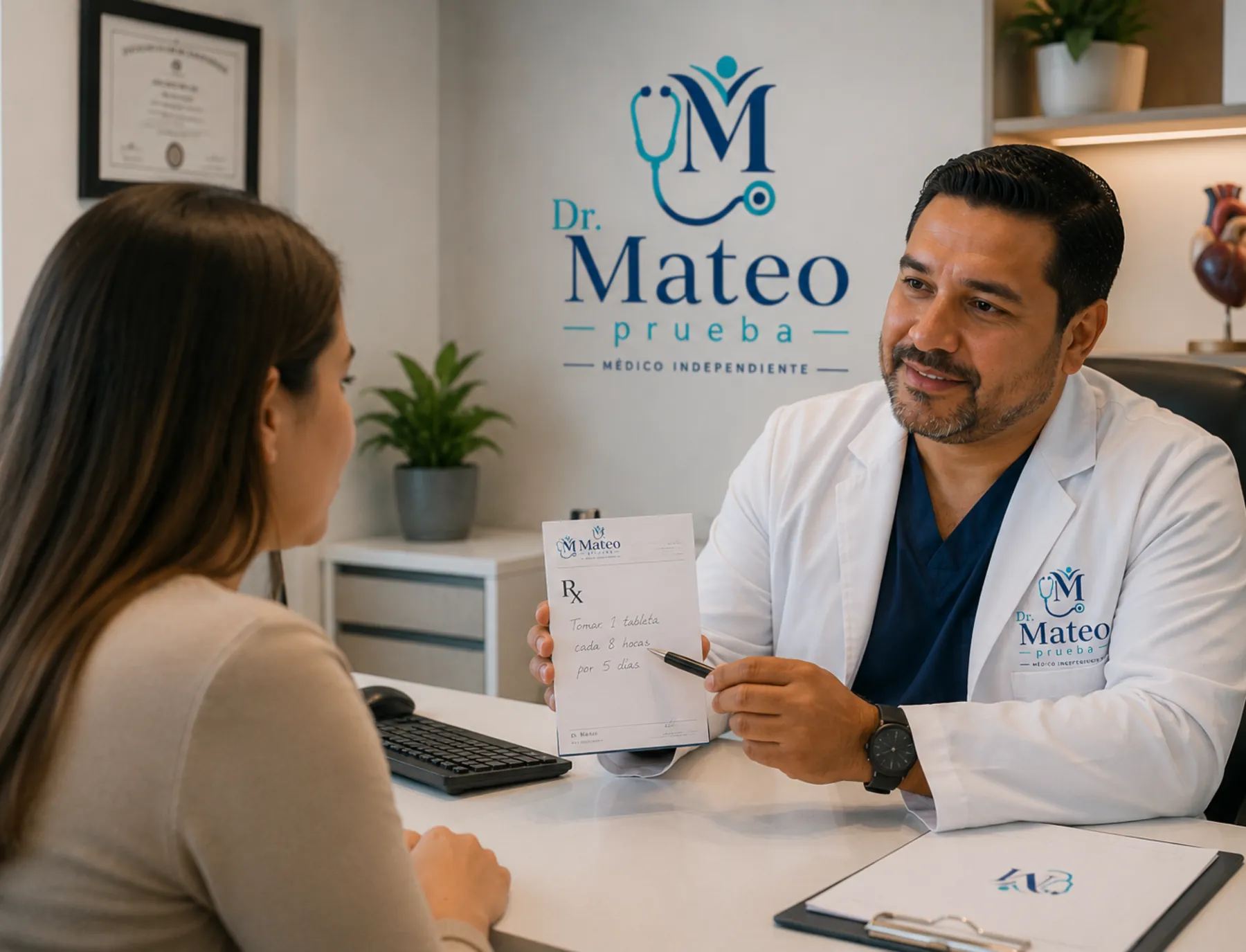 Dr. Mateo explicando indicaciones a una paciente