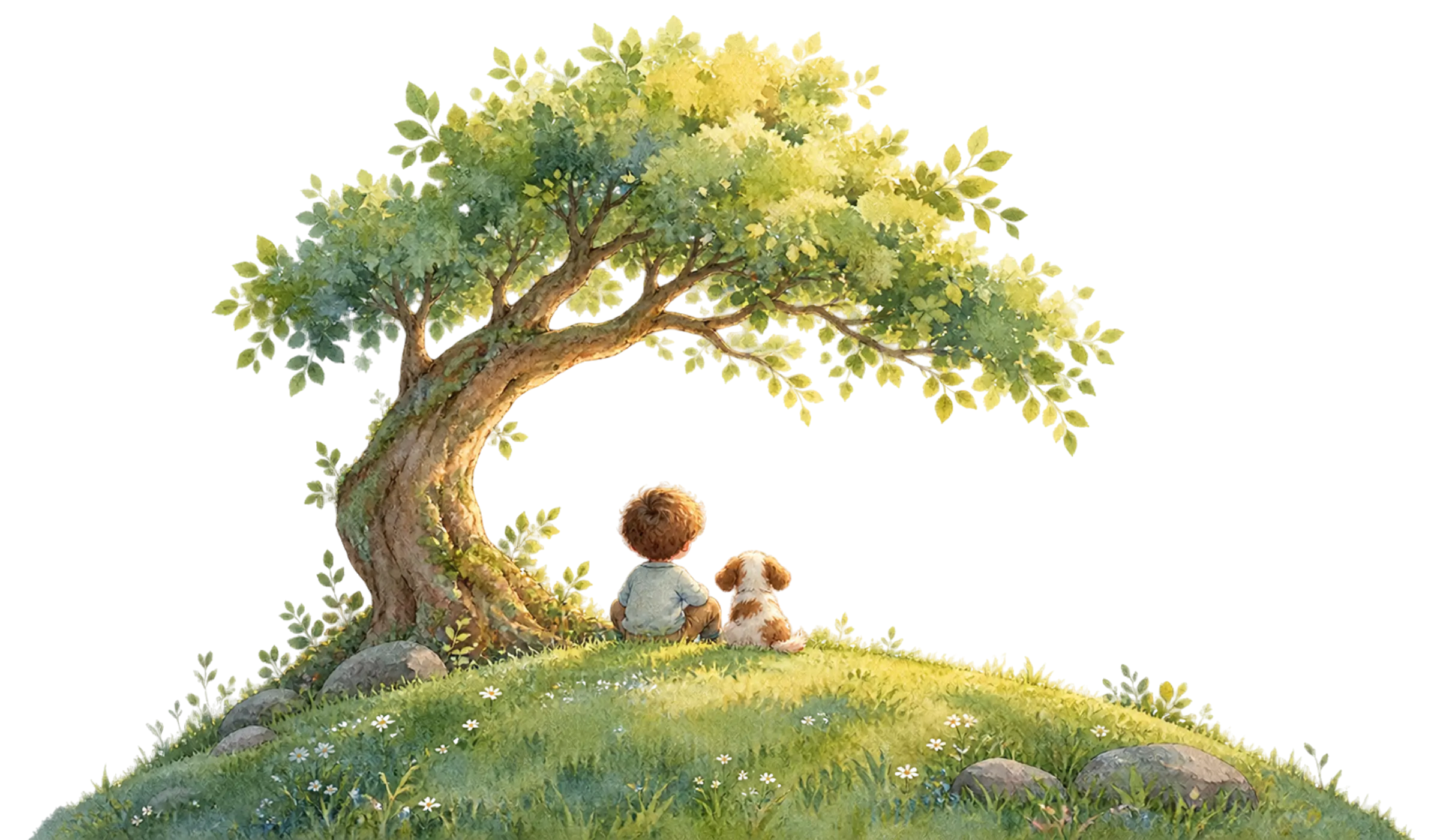 Niño y perro contemplando el horizonte bajo un árbol